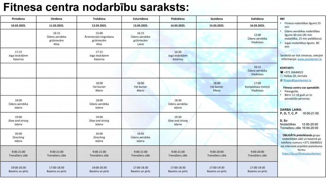 Nodarbību saraksts no 10.03.2025. līdz 16.03.2025.